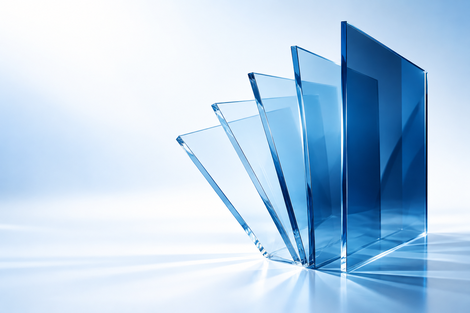 Translucent blue glass panels arranged into a precise, architectural fan